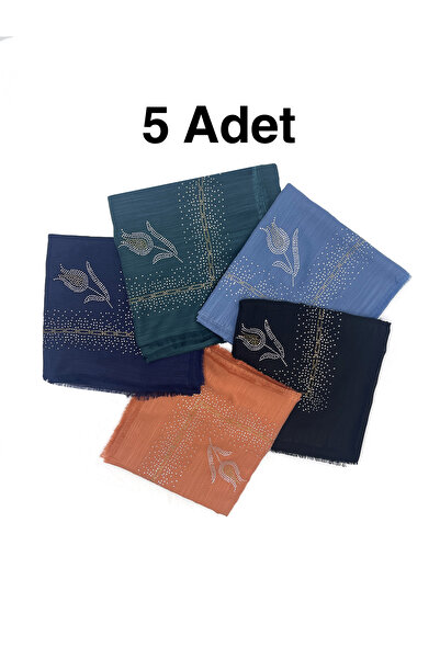 nazipek Taş İşlemeli Flamlı 5'li Set Yazma Gül Desenli Eşarp 100x100cm