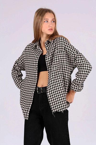 hazelin Cămașă alb-negru pentru femei, cu buzunare, cu model picior de gală, HZL24W-BD138521