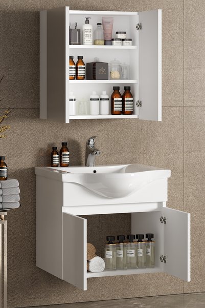ÖZCEDEN Yıldız 55 cm Beyaz MDF Seramik Lavabolu Asma Banyo Dolabı Takımı