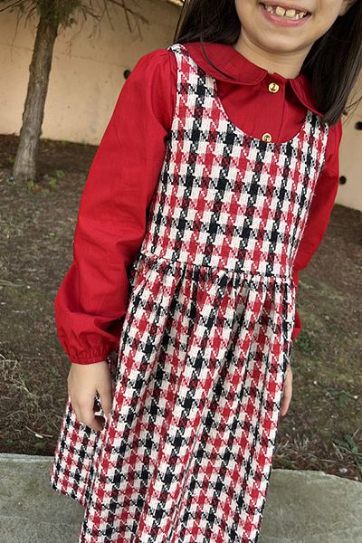 Masnu Çocuk Red Black White Winter Houndstooth Below the Knee Gathered Gilet-Shirt Set