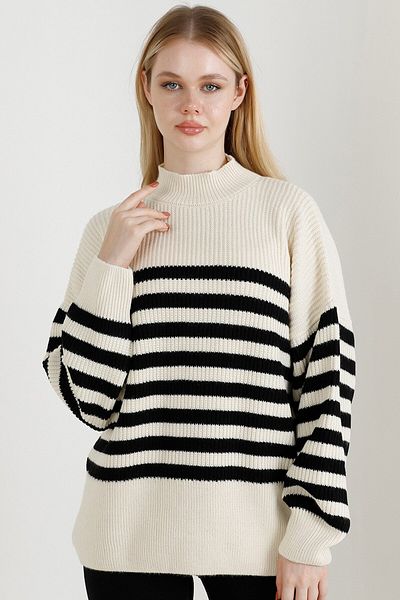 VEGENZE Pulover oversize, gros, tricotaj, cu model negru-crem, pentru femei