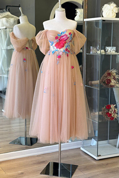 Lenta Moda Ten Rengi Renkli Çiçekli Midi Boy Abiye Elbise