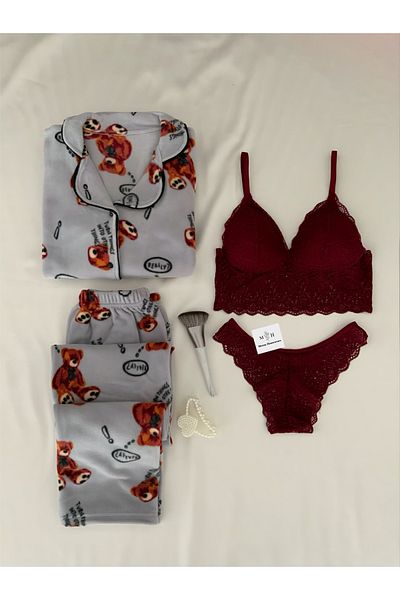 MH Moony Homewears 4-Piece Thermal Tragen Teddy Bear Pajama Underwear Set