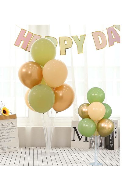 Parti dolabı 2 Pieces of 7 Balloon Stands and 14 Pieces Mold Green-Sand Color-Gold Chrome Metallic Balloon Set