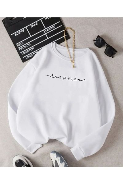 PALPİTO Hanorac oversize cu imprimeu alb Dreamer pentru femei