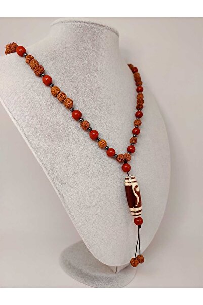 Yasamtohumu Tibet Akik & Jasper Taşlı Para Kancası Sembollü Rudraksha Unisex Kolye 8mm