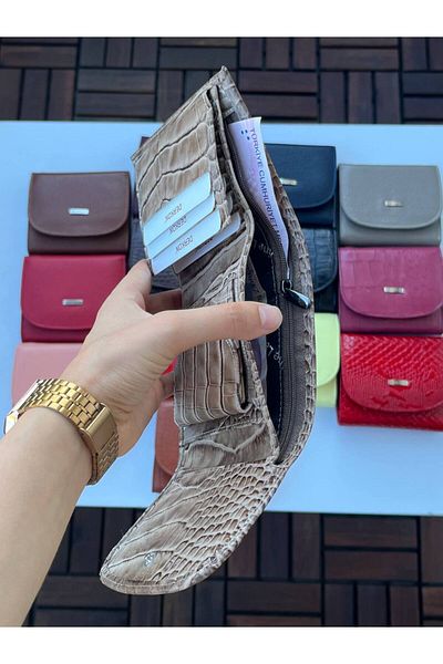 DERKON LUİSY MODEL GENUINE LEATHER ZIPPER DETAILED WOMEN'S WALLET Crocodile Patterned BEIGE