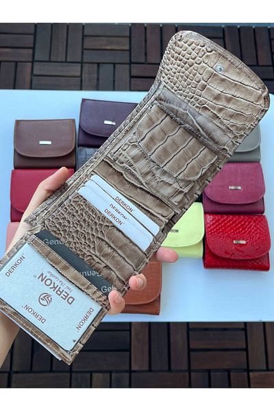 DERKON LUİSY MODEL GENUINE LEATHER ZIPPER DETAILED WOMEN'S WALLET Crocodile Patterned BEIGE