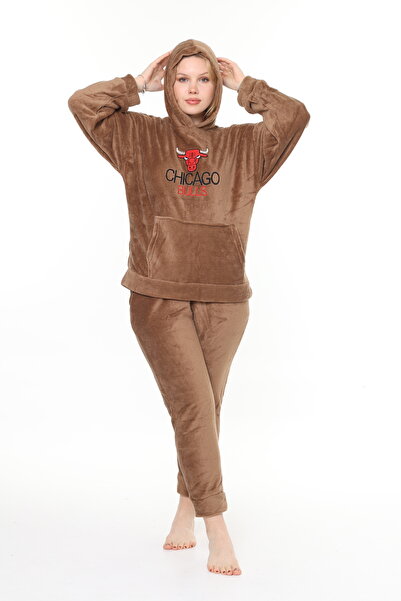 mervemoda Dámská hnědá tepláková souprava welsoft s kapucí a měkkou texturou s výšivkou vpředu