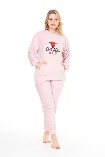 mervemoda Γυναικείο κοστούμι αθλητικής φόρμας διπλής φόρμας με κουκούλα ροζ welsoft με απαλή υφή μπροστά