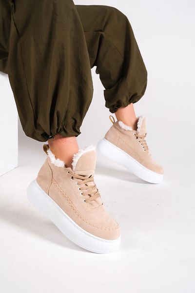 Moda Değirmeni Pantofi de damă din piele întoarsă, căptușiți cu blană, BG1172-101-0006