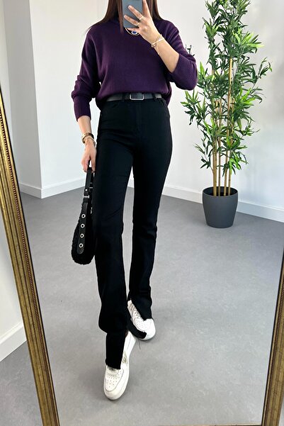 ByCukurovaFrango Siyah Yırtmaçlı İspanyol Paça Yüksek Bel Fermuarlı Fit Kalıp Cepli Likralı Denim Jean Kot Pantolon