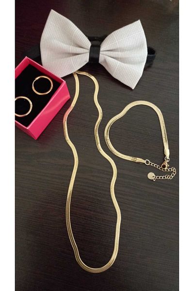 HKN AVM ACCESSORİES مجموعة أقراط وقلادة وسوار من الفولاذ المختلط مكونة من قطعتين من سلسلة إيطالية ذهبية اللون للسيدات