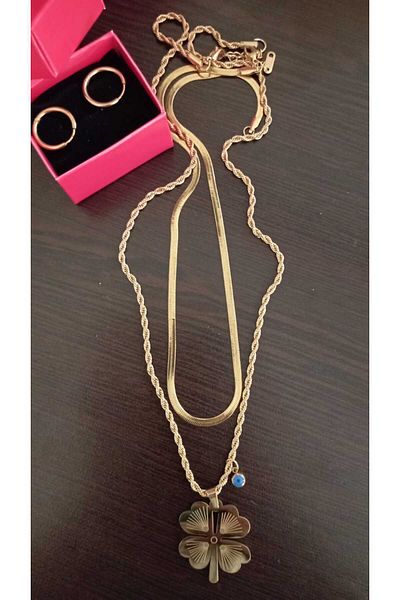 HKN AVM ACCESSORİES مجموعة أقراط وقلادة وسوار من الفولاذ المختلط مكونة من قطعتين من سلسلة إيطالية ذهبية اللون للسيدات