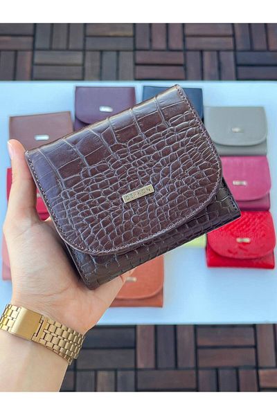 DERKON LUİSY MODEL GENUINE LEATHER ZIPPER DETAILED WOMEN'S WALLET Crocodile Patterned BROWN