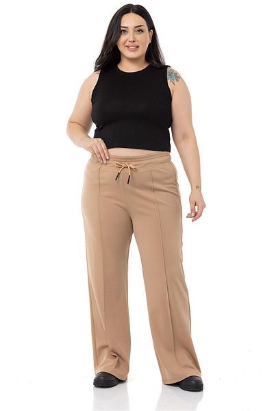 DISENTIS MODEST Large Size Elastic Waist and Rope Drawstring Ribbed Stitching Wide Leg Mink Trousers