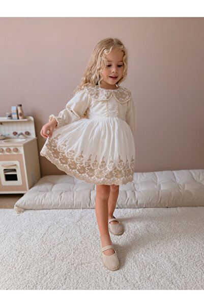 Magu فستان فينتاج بياقة الدمية ومطرز ومطرز بالزهور للفتيات من إكرو