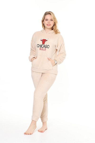 mervemoda Women's Salmon welsoft hooded soft textured embroidery front double tracksuit suit
