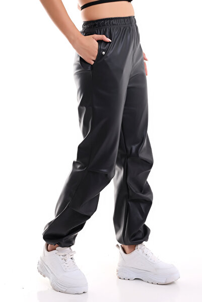 Winmoda34 Γυναικείο δερμάτινο παντελόνι ψηλόμεσο με ρυθμιζόμενο κάλυμμα τσέπης