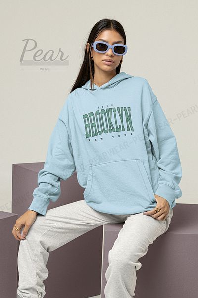 Pear Wear Hanorac oversize cu glugă, cu 3 fire, auriu roz, cu imprimeu Brooklyn
