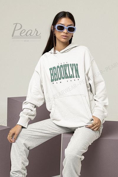Pear Wear Hanorac oversize cu glugă, cu 3 fire, auriu roz, cu imprimeu Brooklyn