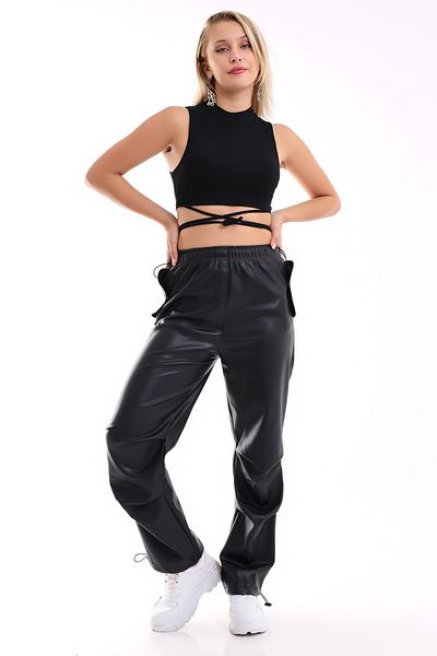 Gugus LEATHER TROUSERS WITH POCKET FLOOR AND ADJUSTABLE ELASTIC WAIST CENDS / Faux leather sports trousers
