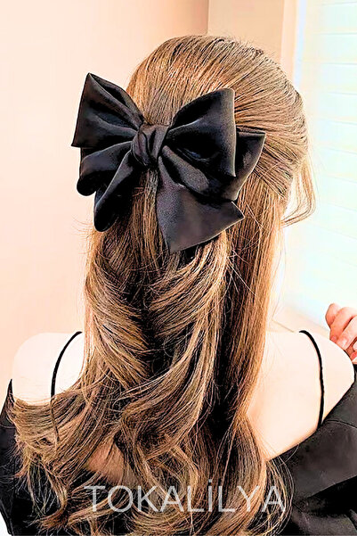 TOKALİLYA Kadın saten siyah fiyonk otomatik klipsli toka