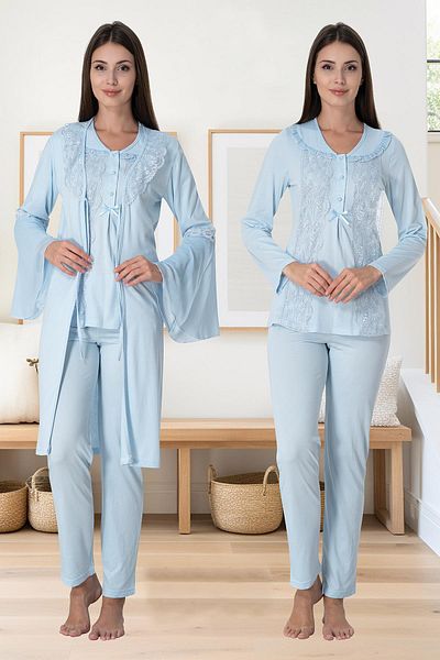 BLACKMORE Set de pijamale 3 piese pentru femei, albastru, cu mânecă lungă, cu dantelă, pentru maternitate