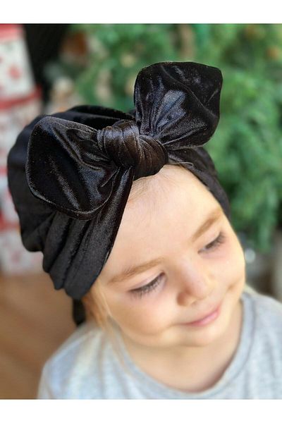 QUEEN AKSESUAR Luxury velvet women's children's wire-knot adjustable bow hair cap scarf black