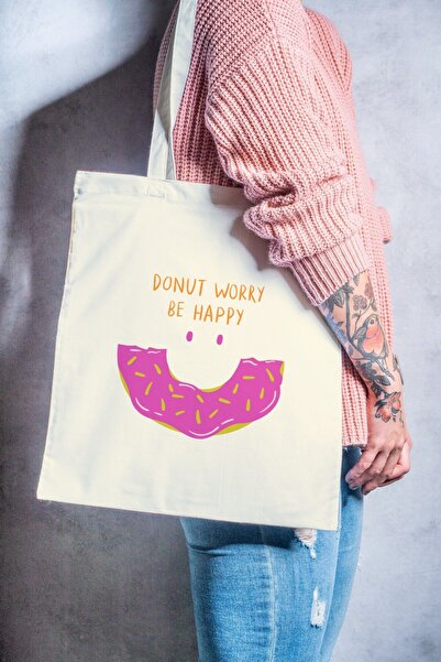 Eylül Design Donut Worry Be Happy Written Fun Themed Printed Organic a Qualit...