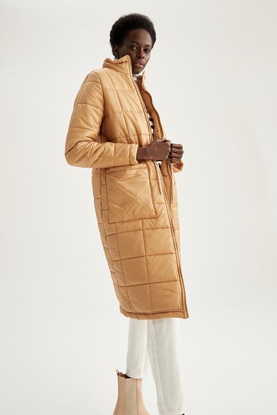 DeFacto Water Repellent Stand Collar Quilted Pocket Belted Long Puffer Winter Jacket V4436az22sp