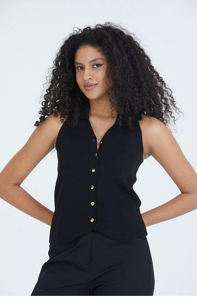 Su Moda women's knitwear Polo collar gold button sleeveless knitwear knitted vest