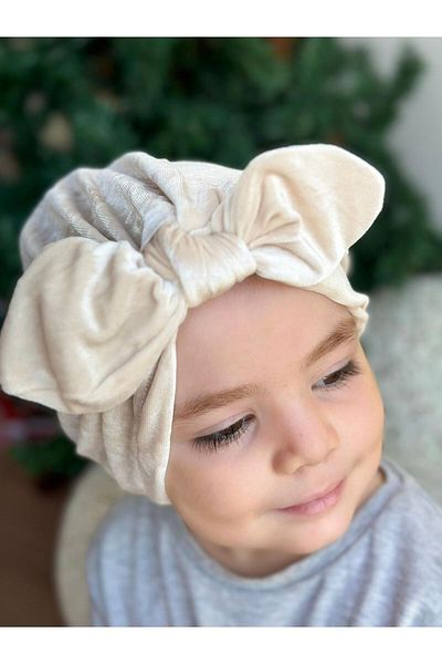 QUEEN AKSESUAR Luxury Velvet Women's Children's Stringed Knotted Adjustable Bow Hair Cap Scarf Cream