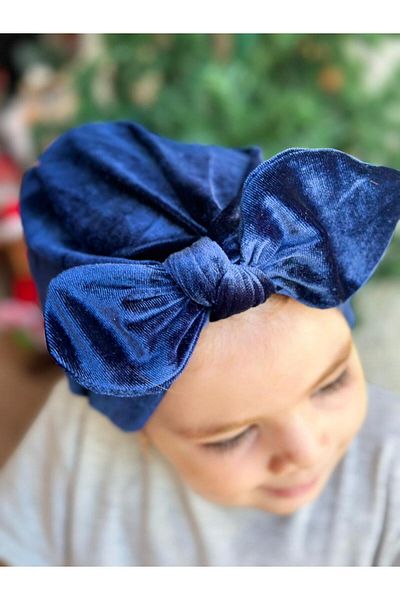 QUEEN AKSESUAR Luxury velvet women's children's wire-knot adjustable bow hair cap scarf navy blue