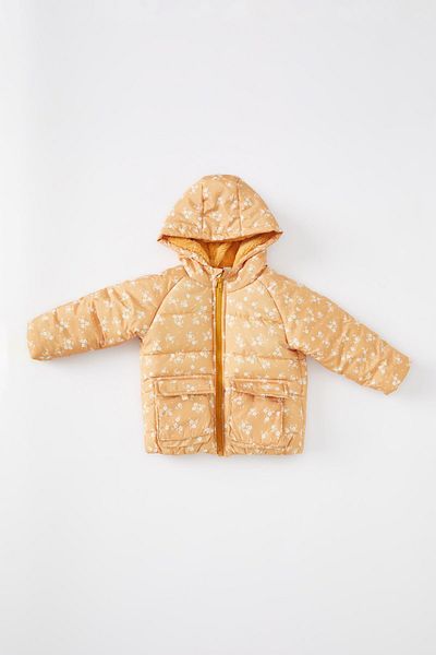 DeFacto Baby Girl Water Repellent Floral Hooded Plush Lining Coat