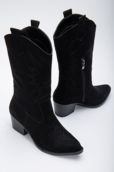 SUENO SHOES Kadın Siyah Süet Siyah Nakışlı Western Bot