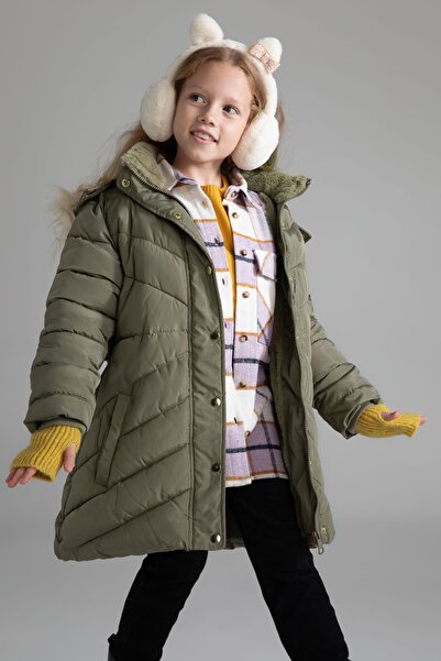 DeFacto Girl's Hooded Faux Fur Lined Long Coat