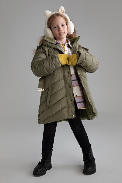 DeFacto Girl's Hooded Faux Fur Lined Long Coat