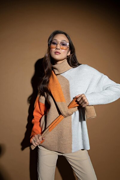 DeFacto Geometrik Renk Bloklu Balıkçı Yaka Oversize Fit Ekstra Yumuşak Triko Tunik