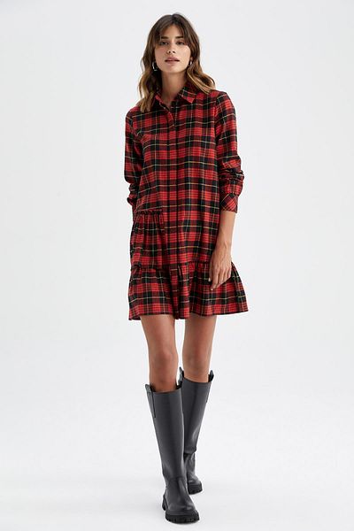 DeFacto Shirt Collar Flannel Mini Long Sleeve 100% Cotton Dress