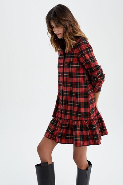 DeFacto Shirt Collar Flannel Mini Long Sleeve 100% Cotton Dress