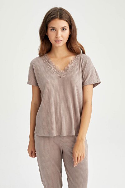 DeFacto Fall In Love Regular Fit V-Neck Short Sleeve Pajama Top