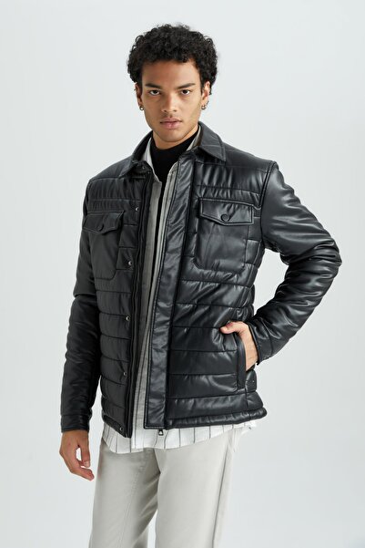 DeFacto Slim Fit Polo Neck Faux Leather Coat