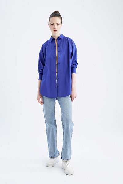DeFacto 100% bumbac, supradimensionat, cu croiala largă, poplin, cămașă de bază, solidă, cu mânecă lungă, tunică T5494az22au