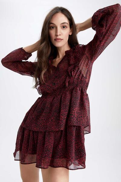 DeFacto Mini šifonové šaty s dlouhým rukávem s výstřihem do V