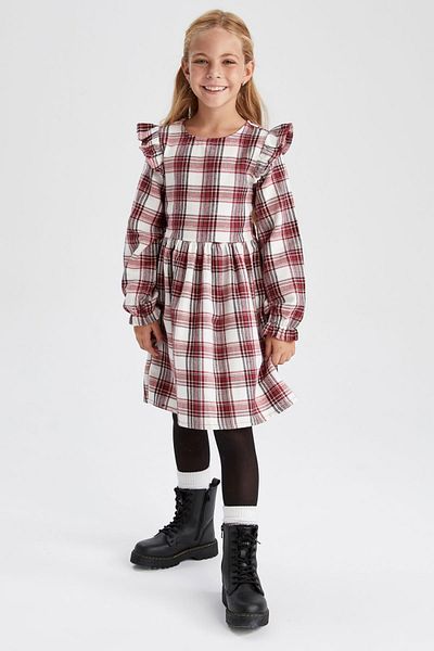 DeFacto Girl's Square Patterned Long Sleeve Flannel Dress