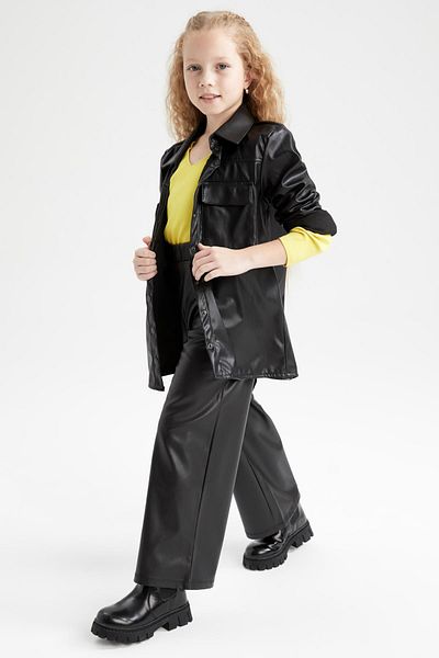 DeFacto Girl's Christmas Themed Wide Leg Faux Leather Trousers
