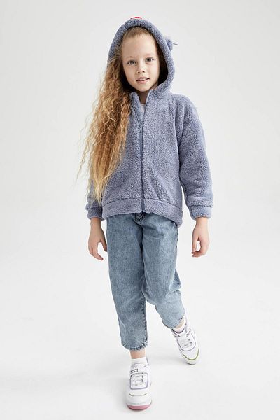 DeFacto Girl's Hooded Plush Cardigan with Soft Fuzzy Inside