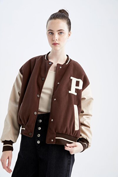 DeFacto Water Repellent Printed College Collar Bomber Jacket Y8120az22wn