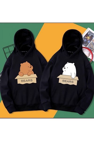 Josette Bears - Lover Couple Combination Printed Oversize Φούτερ Winter Raster Χοντρή κουκούλα